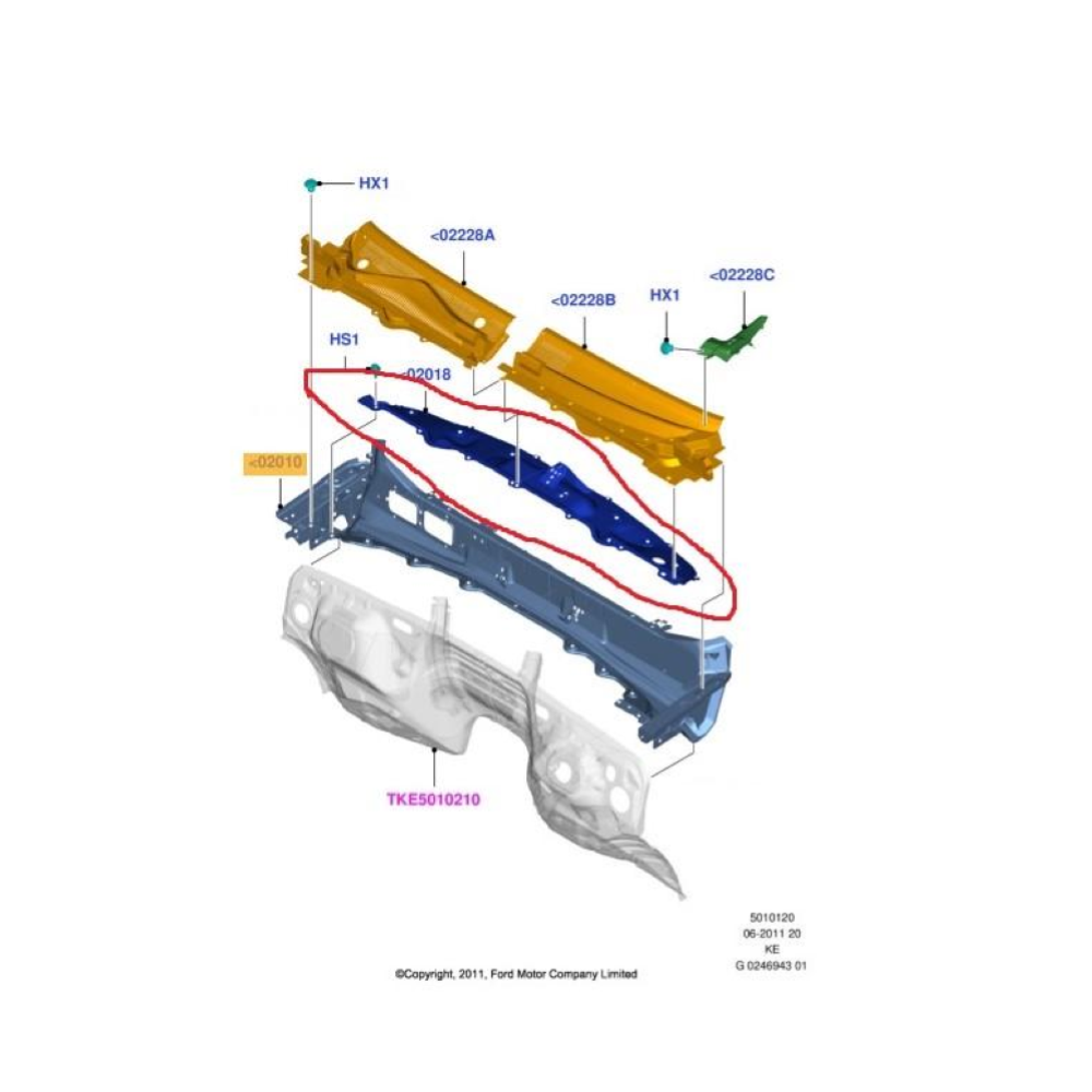 JB3B-2102018-AA LAMIERA STAFFA SOTTO GRIGLIA GOCCIOLATOIO PARABREZZA FORD RANGER (TKE)(2019>)