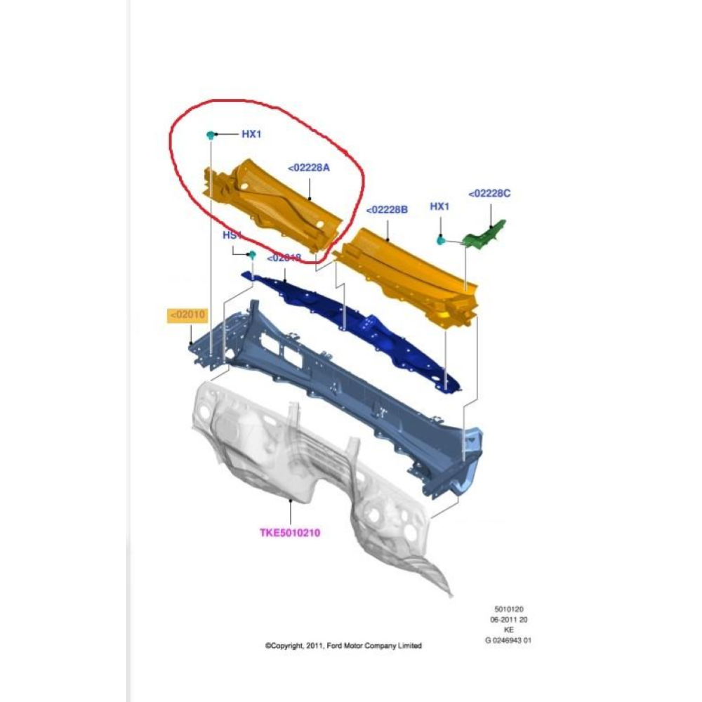 JB3B-2102222-BB GRIGLIA GOCCIOLATOIO SOTTO PARABREZZA DESTRA FORD RANGER (TKE)(2019>)