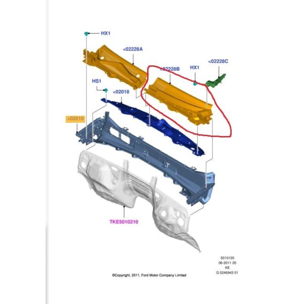 JB3B-2102223-BB GRIGLIA GOCCIOLATOIO SOTTO PARABREZZA SINISTRA FORD RANGER (TKE)(2019>)