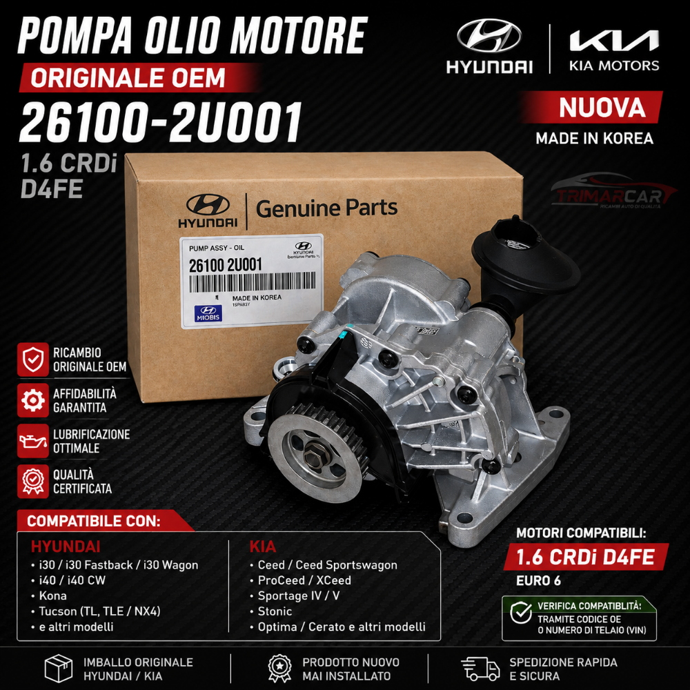 Pompa Olio Motore Hyundai Kia 1.6 D4FE Originale 26100-2U001 OEM Nuova