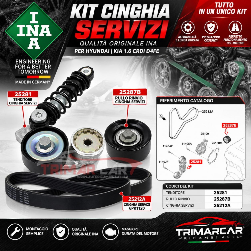 KIT CINGHIA SERVIZI INA 529054610 HYUNDAI KIA 1.6 CRDI D4FE 3 PEZZI