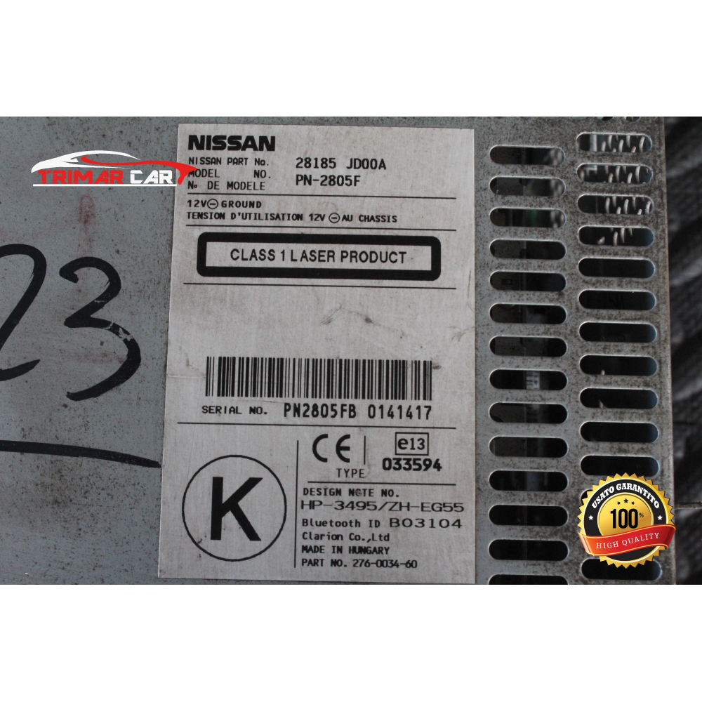 28185JD00A AUTORADIO RADIO STEREO NISSAN QASHQAI 1 I (J10,JJ10)(06-13) 2.0 DCI 4X4 150CV 110KW COD MOTORE: M9R