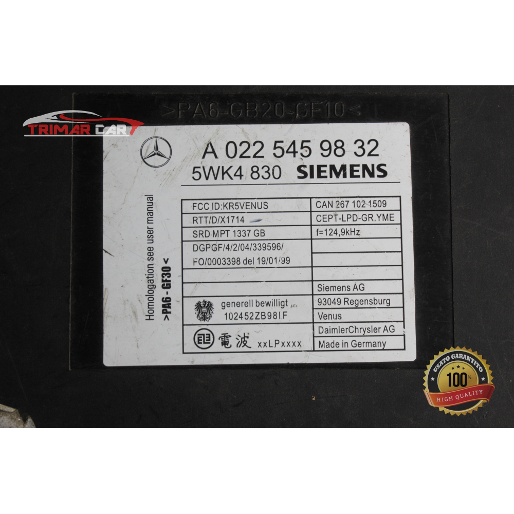 A0225459832 CENTRALINA KEYLESS CHIAVE MERCEDES CLASSE S (W220)(98-05)